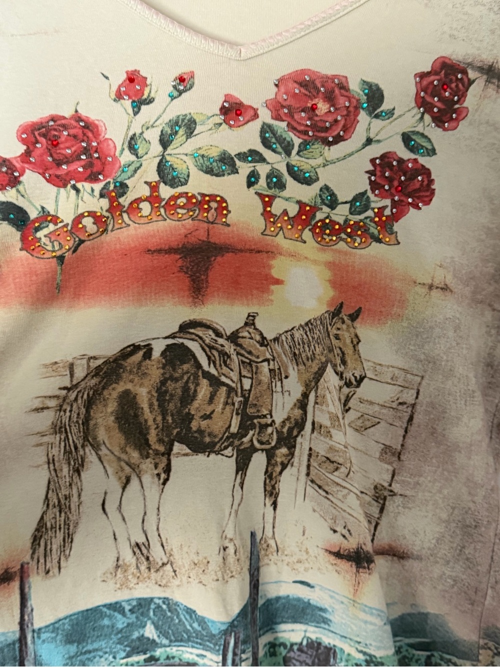 Y2k Katina Marie Floral Horse V-Neck Long Sleeve Top - Cream - Picture 3 of 4